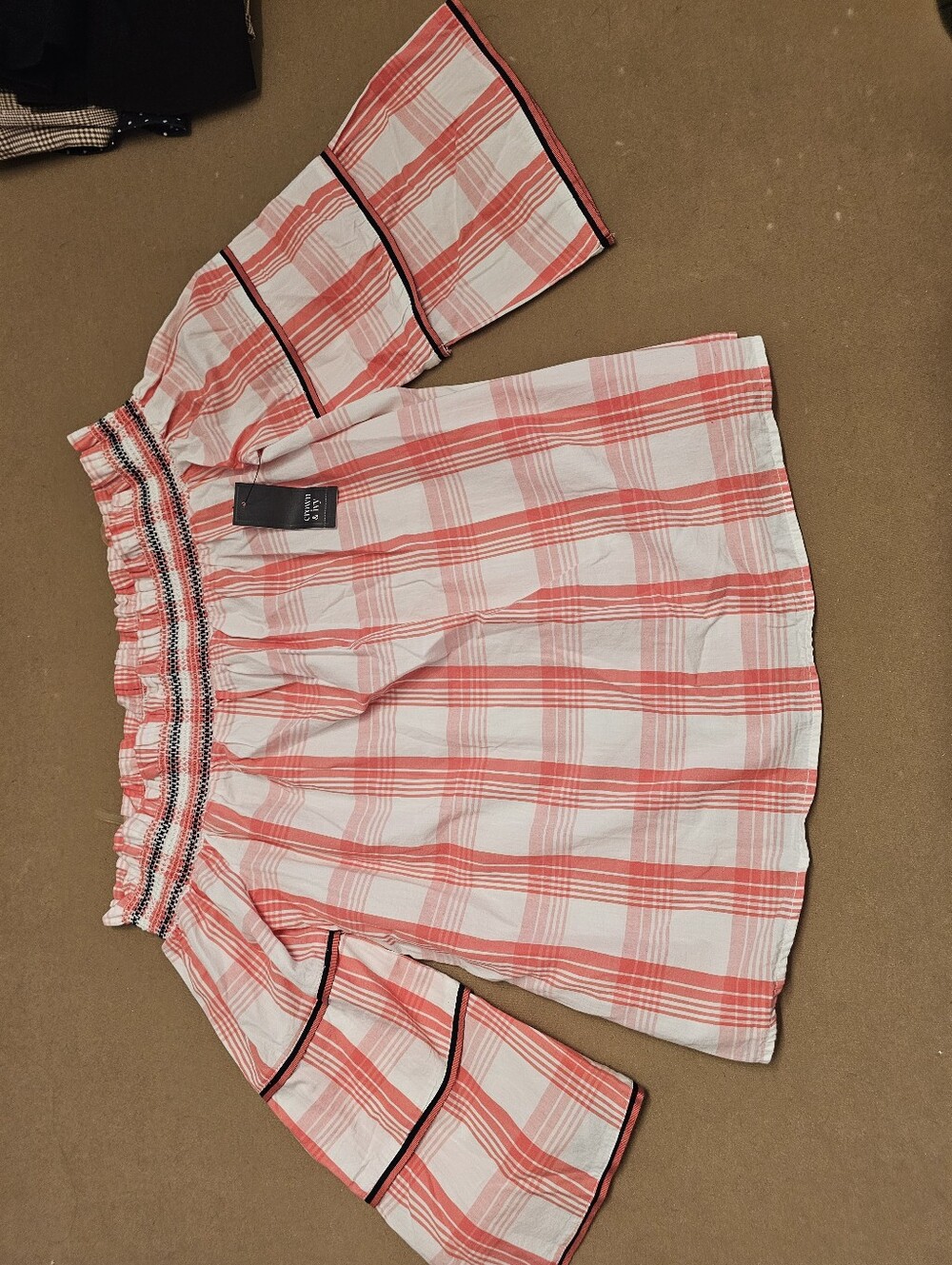 crown & ivy Coral and White Plaid Off-Shoulder Top